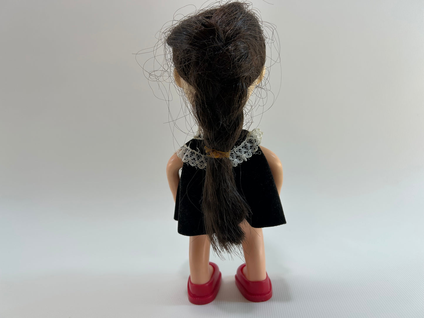 Vintage Doll 1967 Uneeda Doll Co. Inc. Little Sophisticates Kristina Long Brown Hair Black Velevetine Dress Red Shoes 8 1/2" Tall