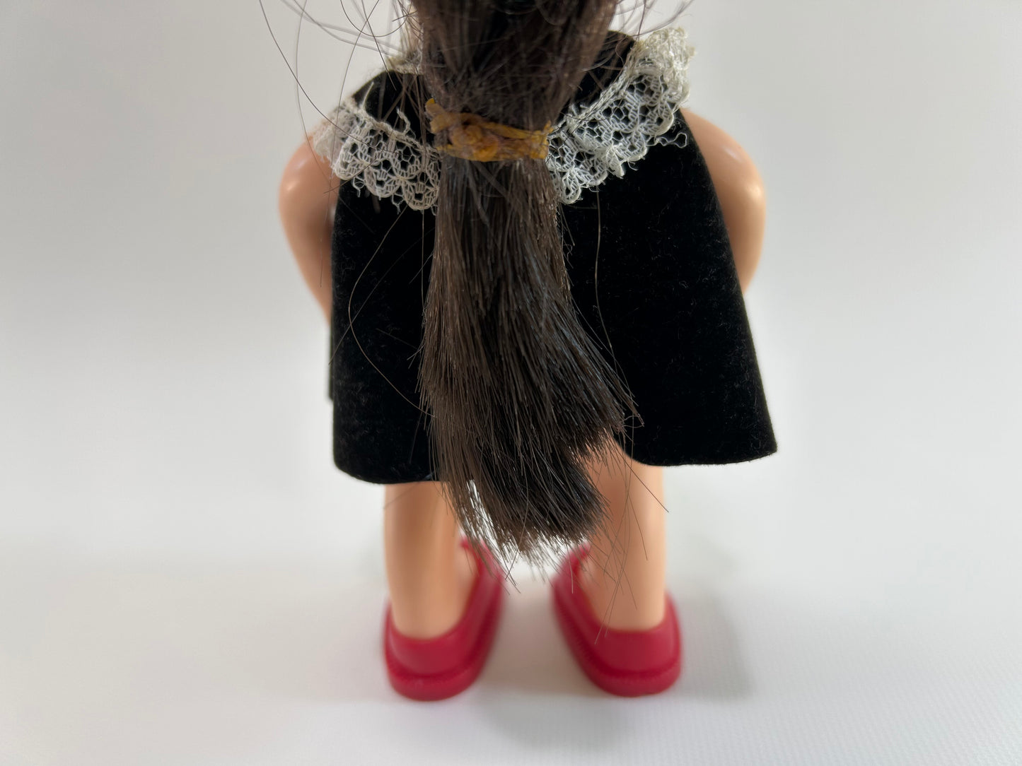 Vintage Doll 1967 Uneeda Doll Co. Inc. Little Sophisticates Kristina Long Brown Hair Black Velevetine Dress Red Shoes 8 1/2" Tall