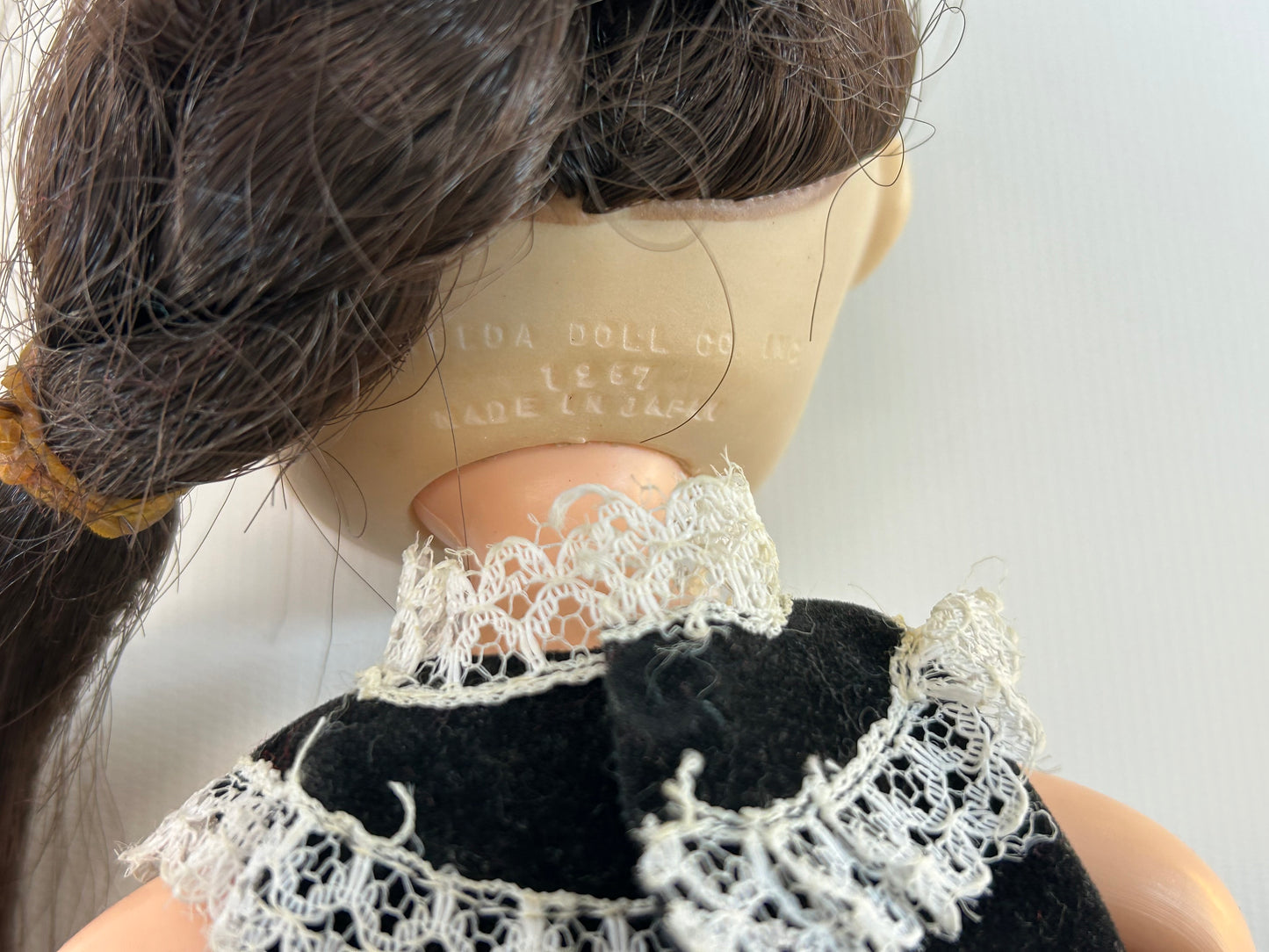 Vintage Doll 1967 Uneeda Doll Co. Inc. Little Sophisticates Kristina Long Brown Hair Black Velevetine Dress Red Shoes 8 1/2" Tall