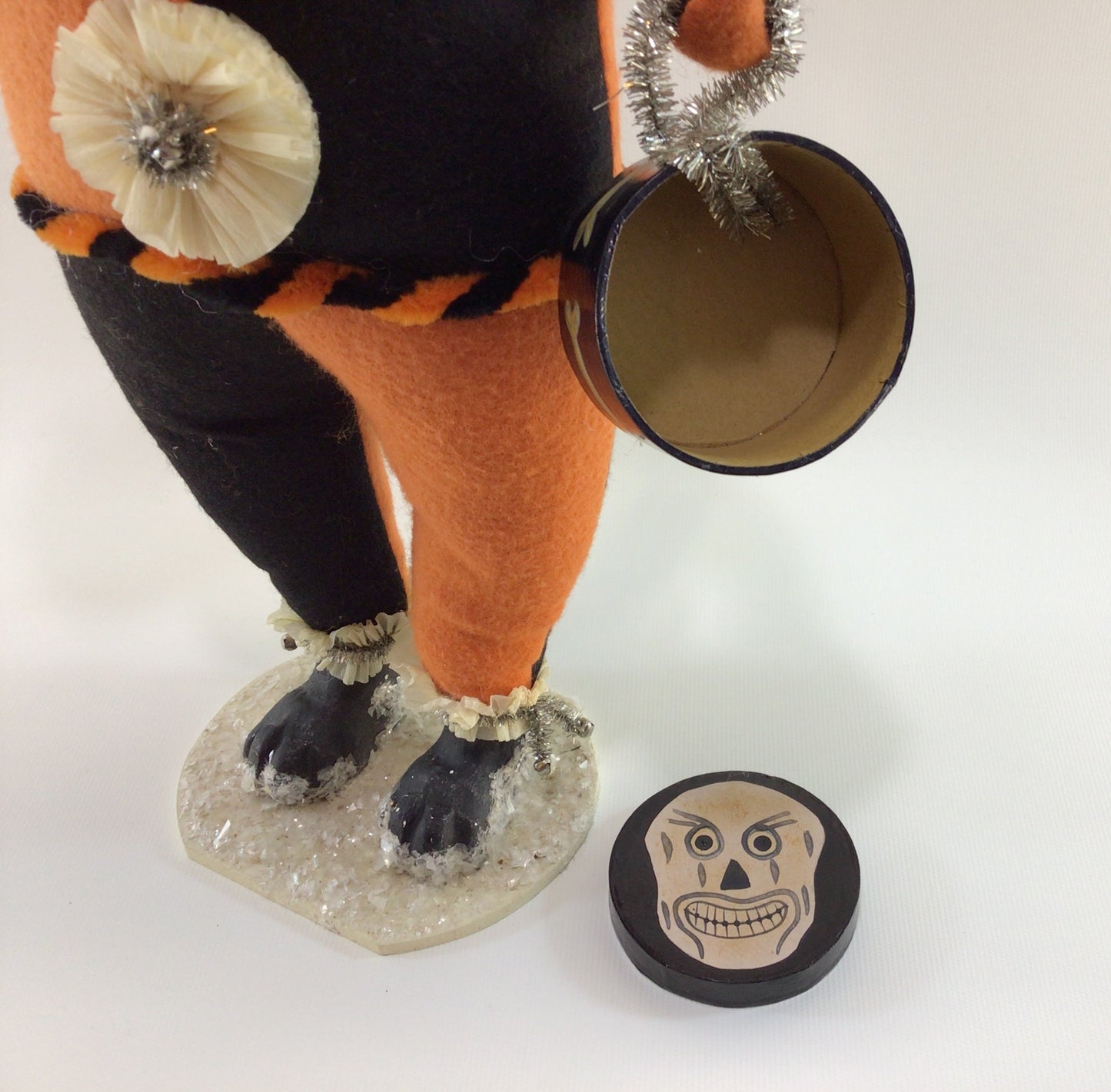 Early Bethany Lowe Halloween 20" Clown Cat Vintage Mixed Media Paper Mache Felt Art Doll with Bottle Brush Tree and Skull Candy Container