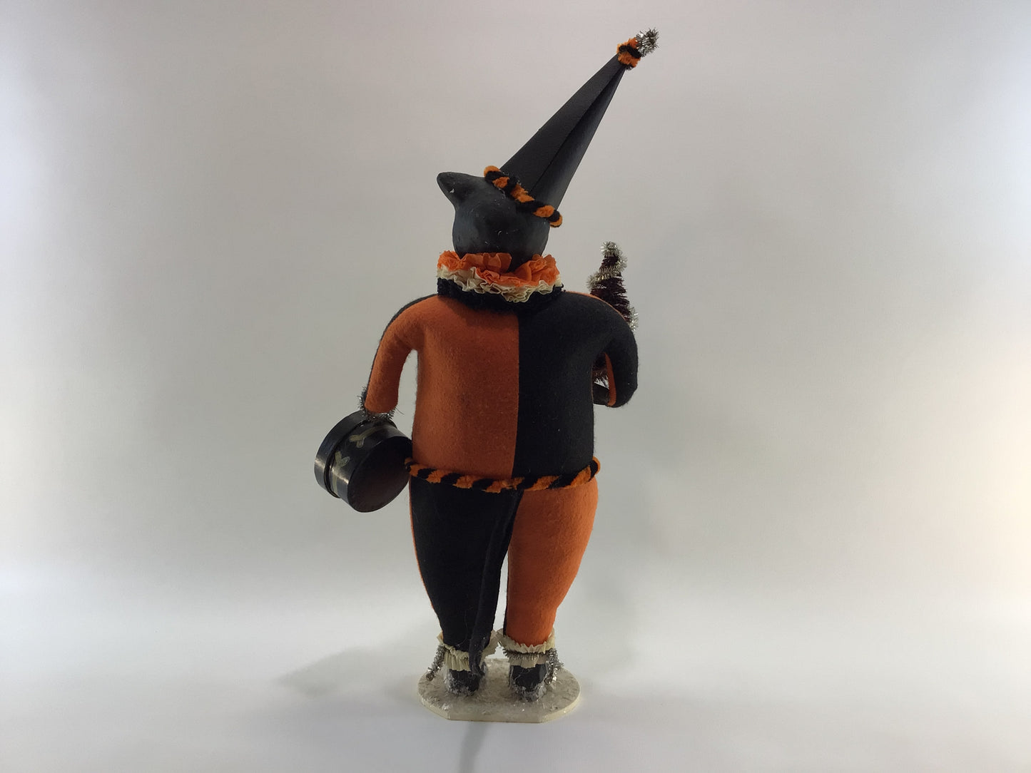 Early Bethany Lowe Halloween 20" Clown Cat Vintage Mixed Media Paper Mache Felt Art Doll with Bottle Brush Tree and Skull Candy Container