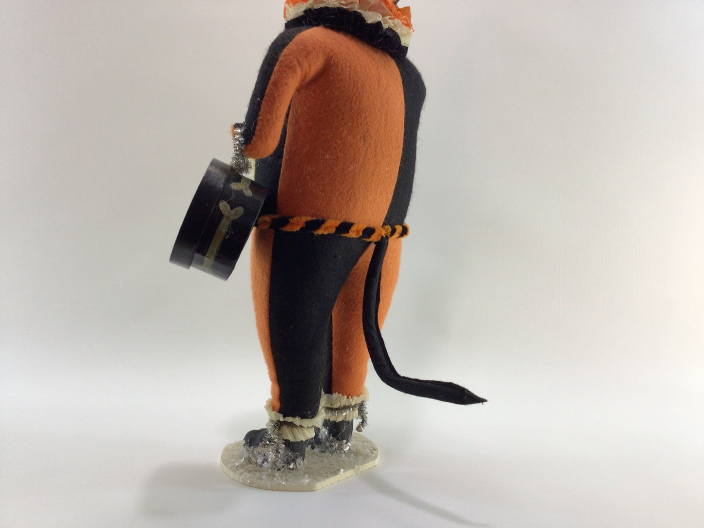 Early Bethany Lowe Halloween 20" Clown Cat Vintage Mixed Media Paper Mache Felt Art Doll with Bottle Brush Tree and Skull Candy Container