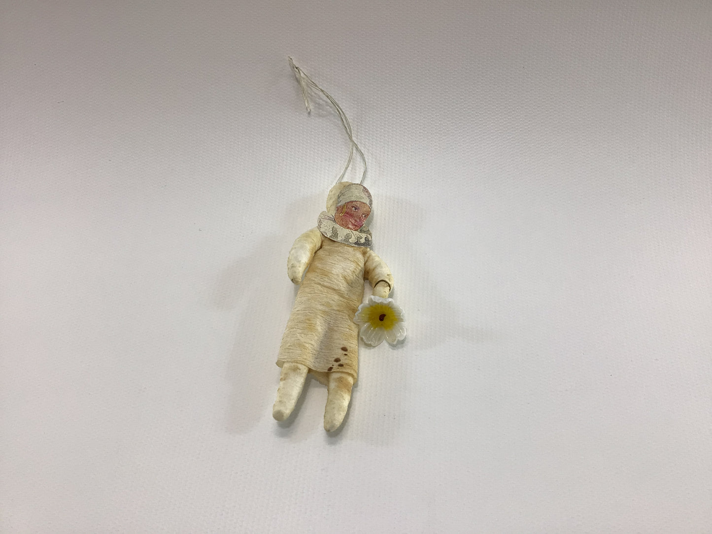 Spun Cotton Paper Face Girl with Glass Flower Christmas Tree Ornament Antique German Folk Art Collectible Holiday Decor
