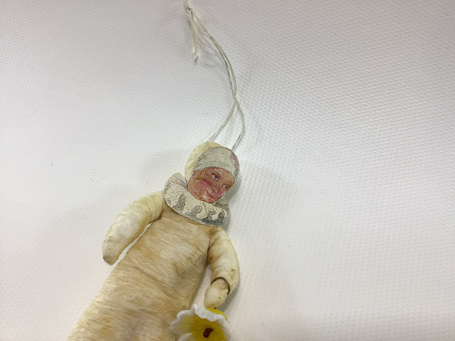 Spun Cotton Paper Face Girl with Glass Flower Christmas Tree Ornament Antique German Folk Art Collectible Holiday Decor