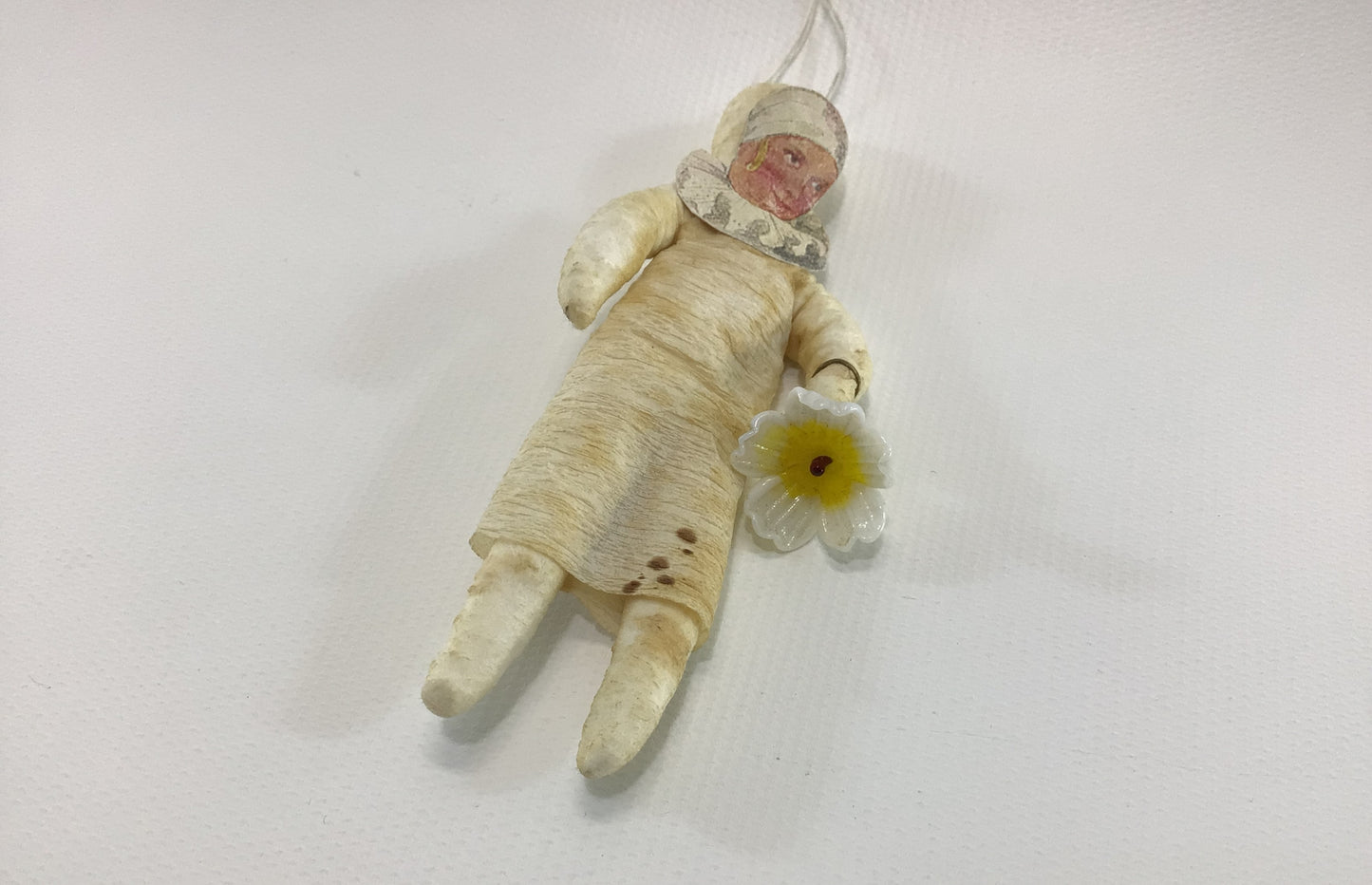 Spun Cotton Paper Face Girl with Glass Flower Christmas Tree Ornament Antique German Folk Art Collectible Holiday Decor
