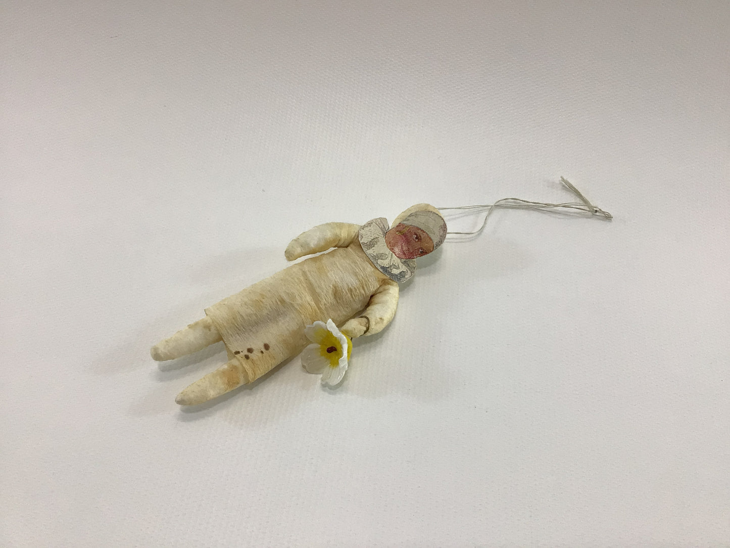 Spun Cotton Paper Face Girl with Glass Flower Christmas Tree Ornament Antique German Folk Art Collectible Holiday Decor