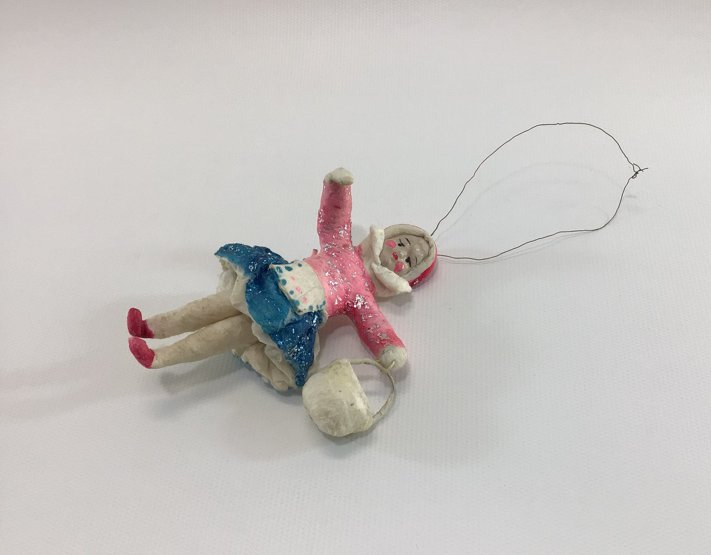 Spun Cotton Clay Face Girl with Basket Christmas Tree Ornament Antique German Folk Art Collectible Holiday Decor