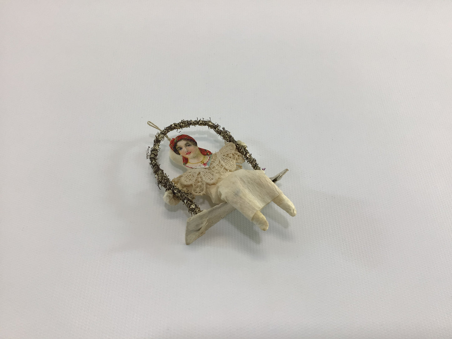 Spun Cotton Paper Face Woman on Swing Christmas Tree Ornament Antique German Folk Art Collectible Holiday Decor