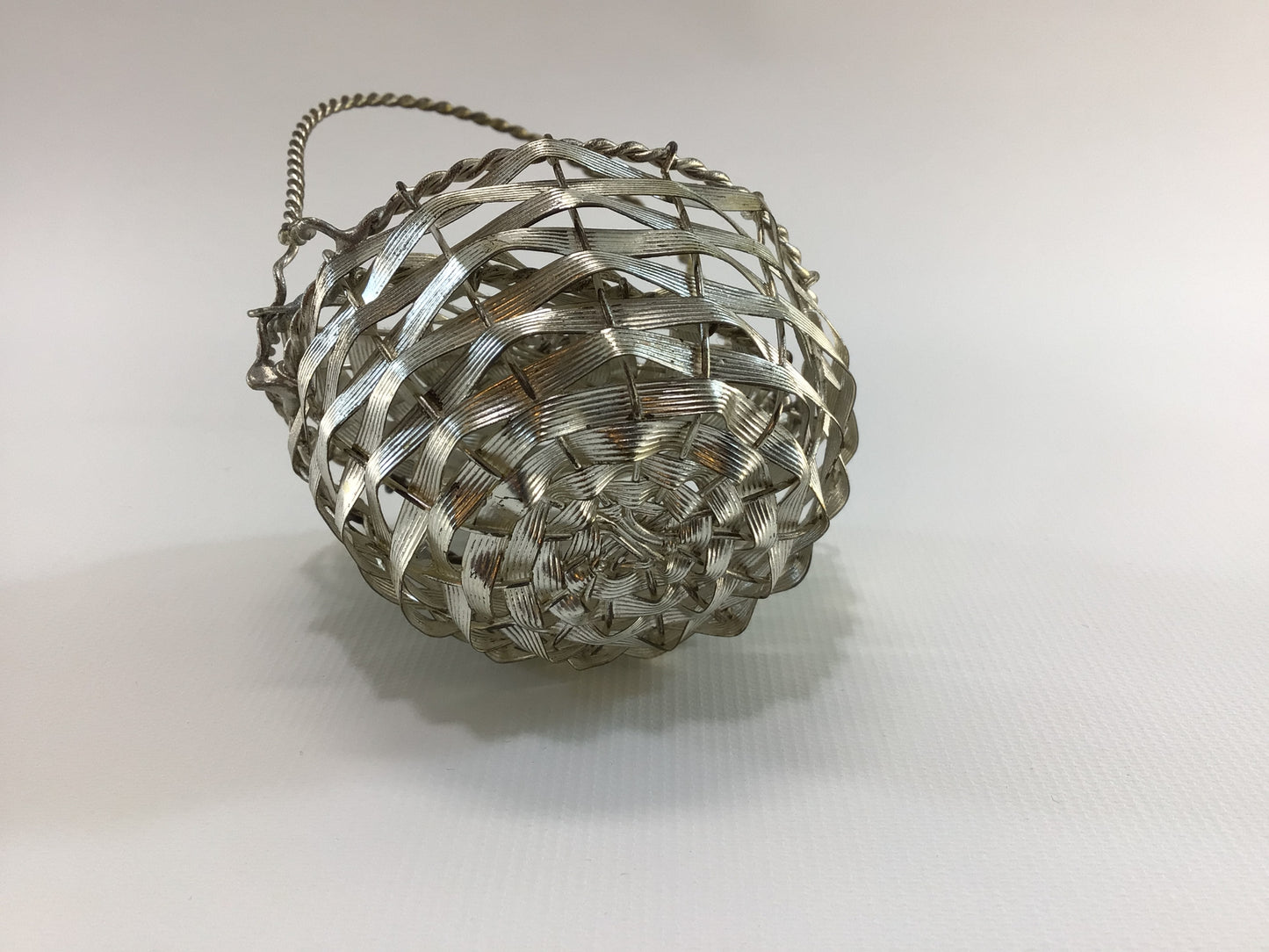Covered Basket Candy Container 5" Bent Woven Wire Silver Metal Christmas Tree Ornament Antique Holiday Decor