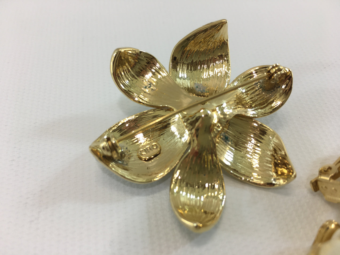 CIRO Pave Rhinestone and Pearl Brooch Large Flower and Leaf Clip Earrings