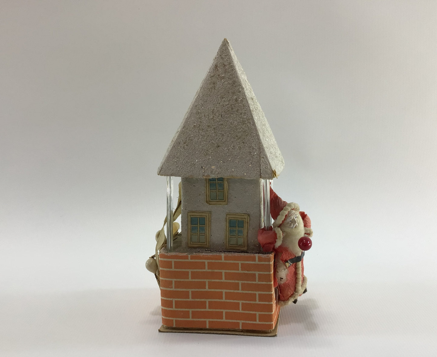 Putz Style House 6" Candy Container with Spun Cotton Clay Face Santa Claus and Glass Rods Antique Holiday Decor