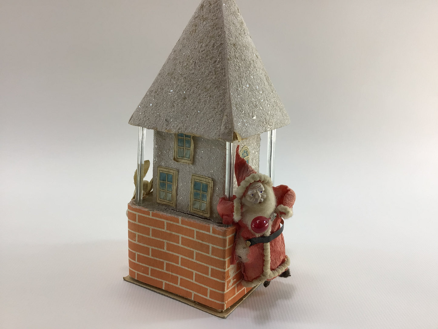 Putz Style House 6" Candy Container with Spun Cotton Clay Face Santa Claus and Glass Rods Antique Holiday Decor
