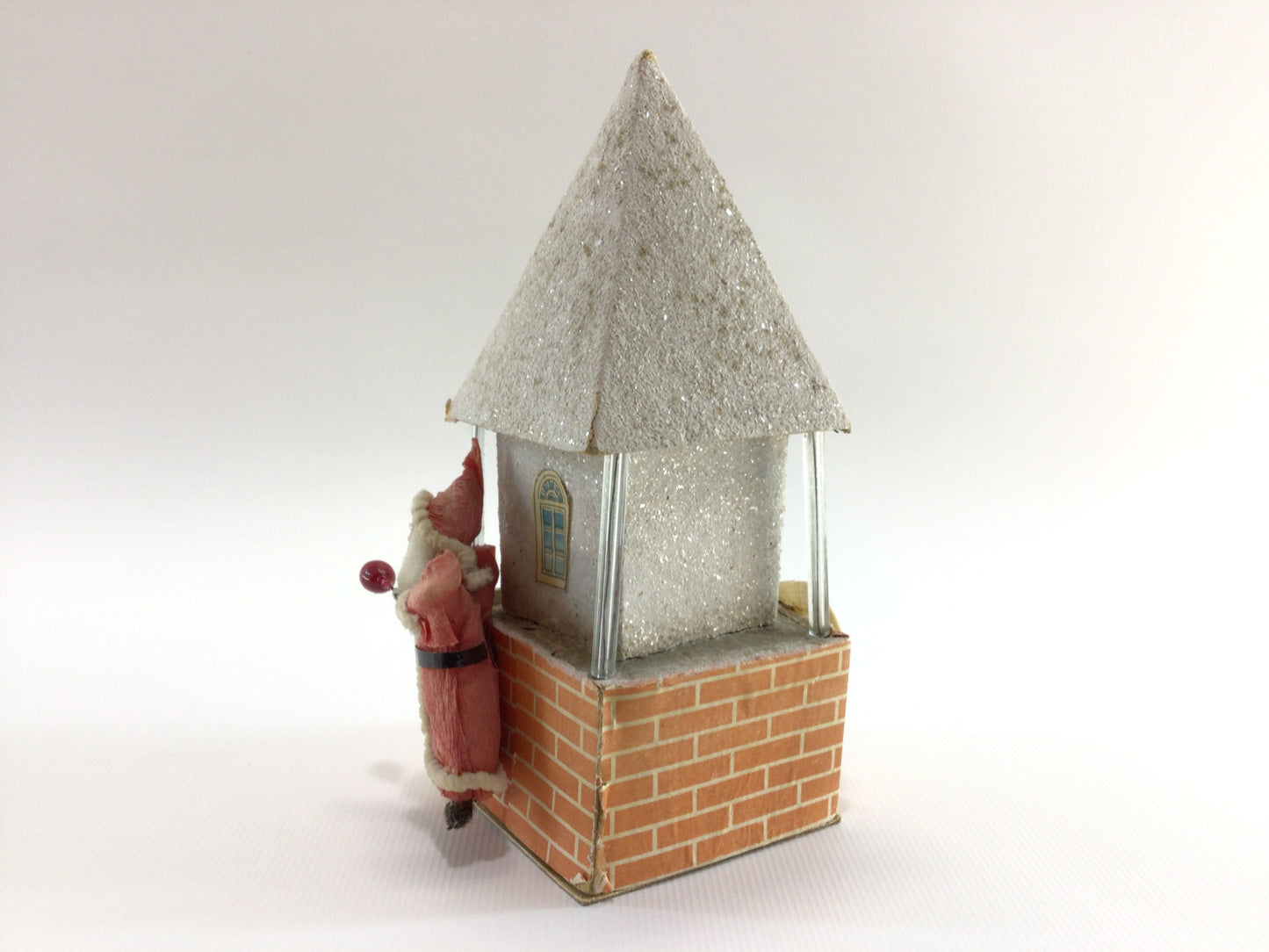 Putz Style House 6" Candy Container with Spun Cotton Clay Face Santa Claus and Glass Rods Antique Holiday Decor