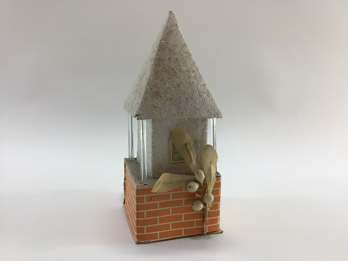 Putz Style House 6" Candy Container with Spun Cotton Clay Face Santa Claus and Glass Rods Antique Holiday Decor
