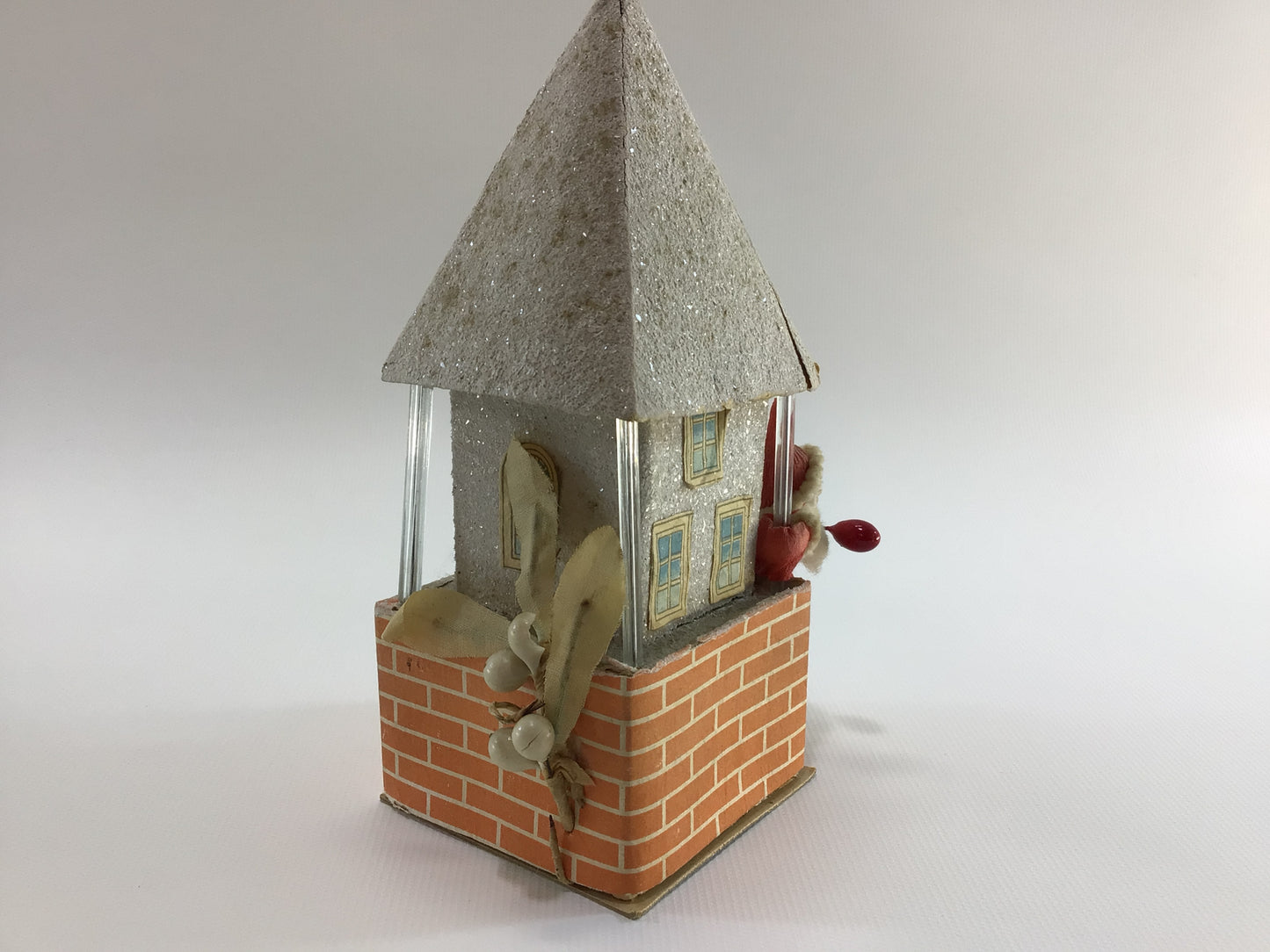 Putz Style House 6" Candy Container with Spun Cotton Clay Face Santa Claus and Glass Rods Antique Holiday Decor