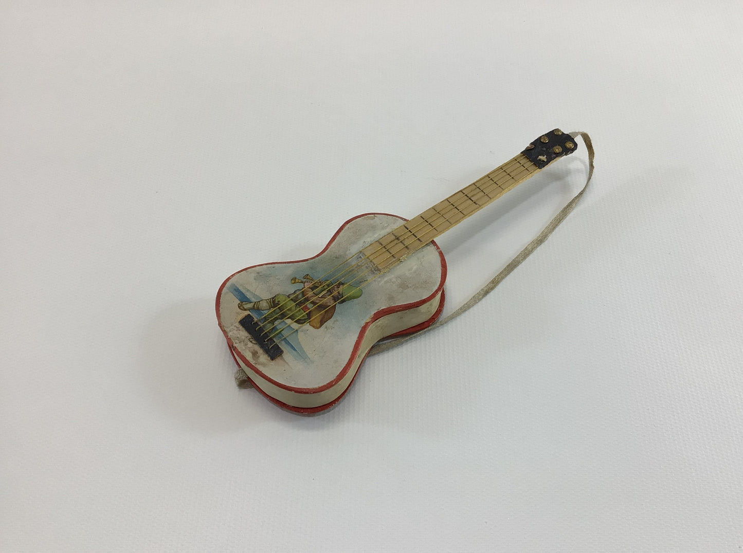 Guitar with Gnome Dresden Christmas Tree Ornament Candy Container Die-cut Embossed German Scrap Antique Holiday Decor