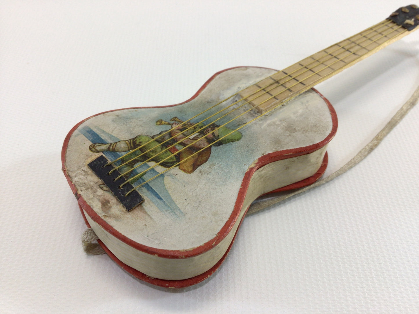 Guitar with Gnome Dresden Christmas Tree Ornament Candy Container Die-cut Embossed German Scrap Antique Holiday Decor