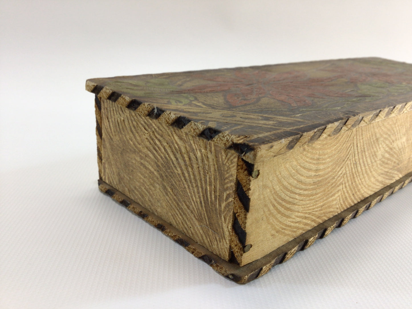 Antique Flemish Art Pyrography Cedar Glove Box Poinsettia Motif Rustic Home Decor Trinket Jewelry Storage Container
