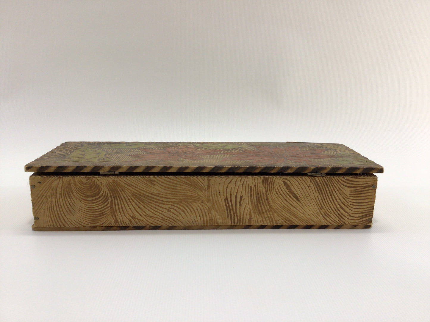 Antique Flemish Art Pyrography Cedar Glove Box Poinsettia Motif Rustic Home Decor Trinket Jewelry Storage Container