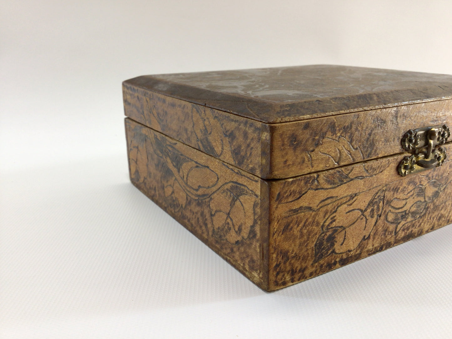 Antique Flemish Art Pyrography Handkerchief Box with Rose Motif Rustic Home Decor Trinket Jewelry Storage Container
