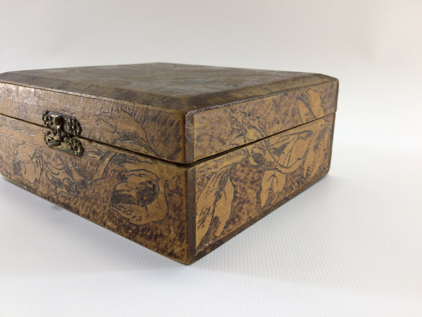 Antique Flemish Art Pyrography Handkerchief Box with Rose Motif Rustic Home Decor Trinket Jewelry Storage Container