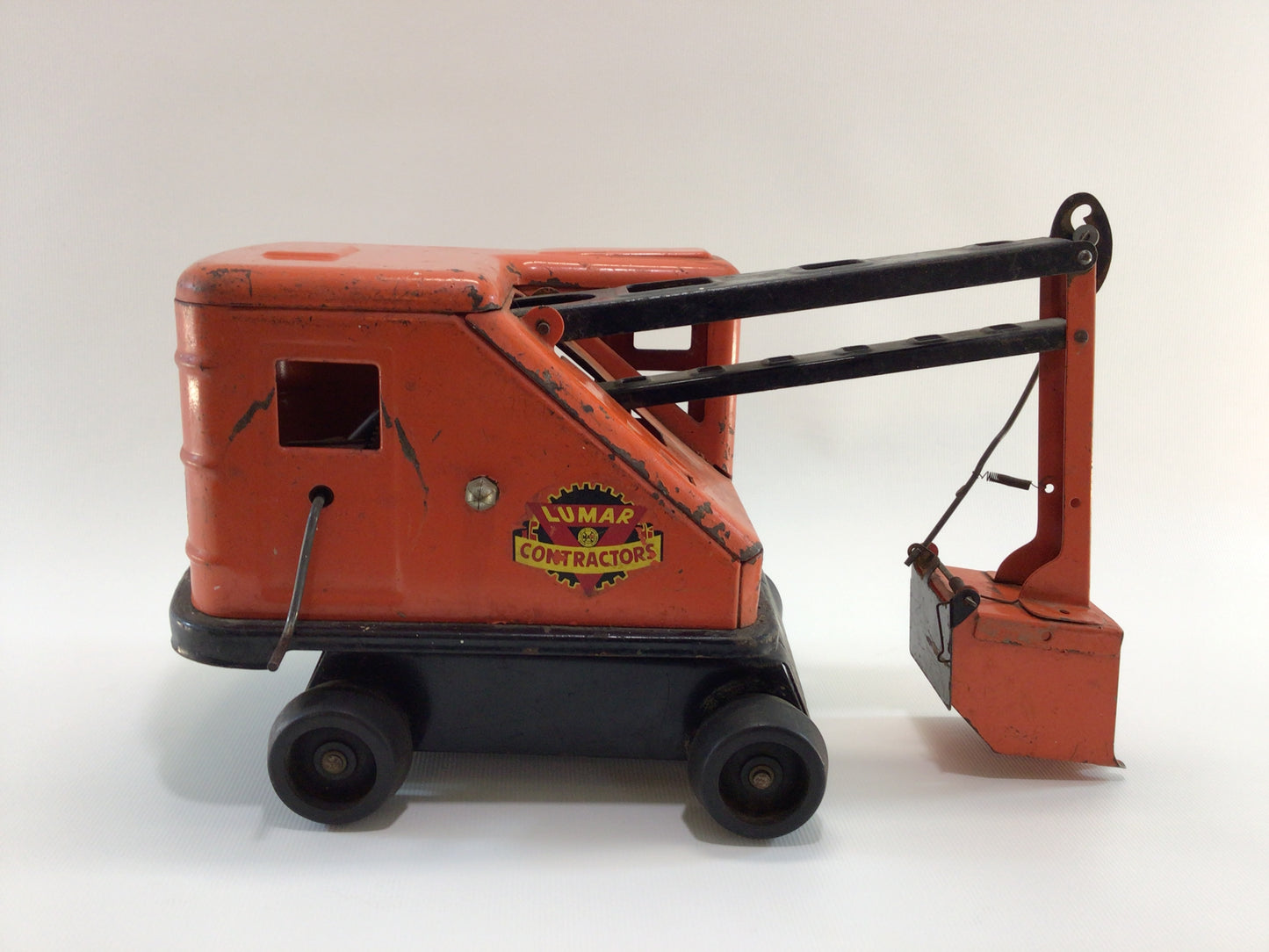 Structo Flatbed Tow Truck with Marx Power Shovel Excavator Vintage 1950s Pressed Steel Construction Toys