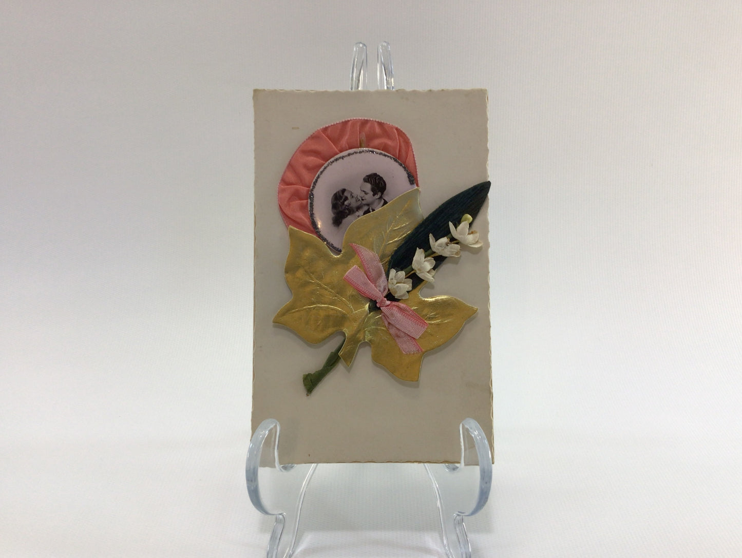 Applique Novelty Valentines Day Postcard Antique Ephemera Applied Celluloid Photo with Embellishments