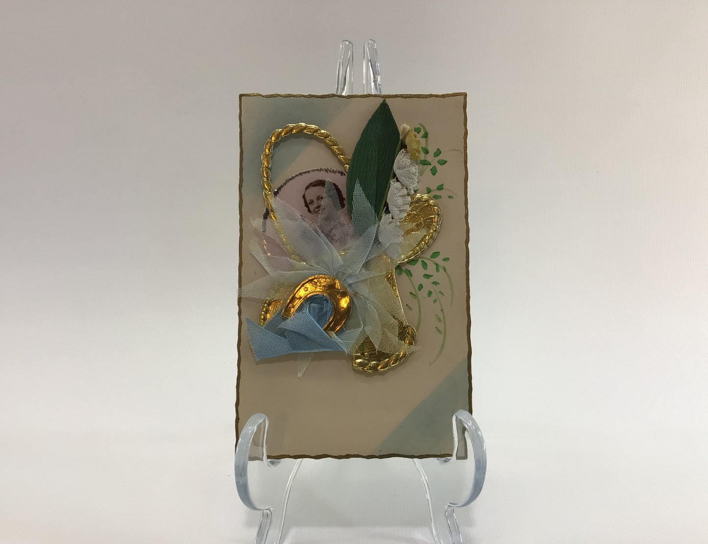 Applique Novelty Valentines Day Postcard Antique Ephemera Applied Celluloid Photo with Goodluck Floral Embellishments