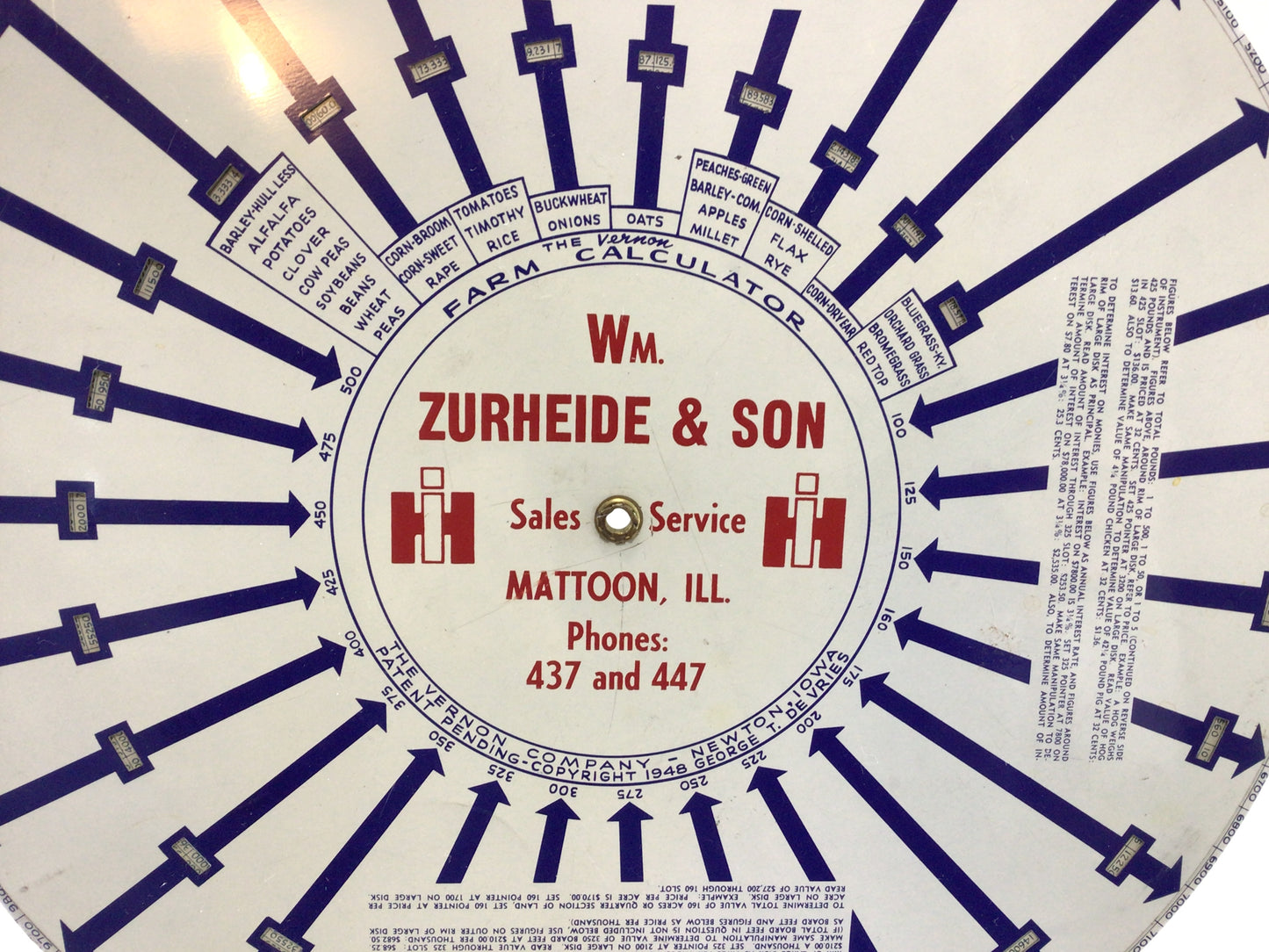 International Harvester Tin Lithograph Vintage Advertising Vernon Farm Calculator Mattoon Illinois