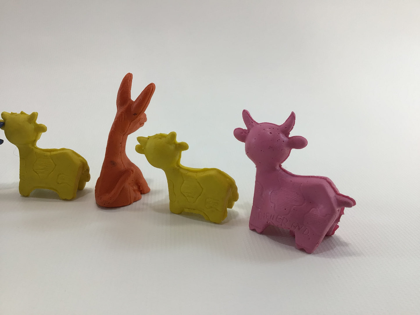 Diener Itty Bittys Soft Rubber Charm Eraser Lot of 6 Vintage Toy Figurines Cows Donkey Monster Tridactyl
