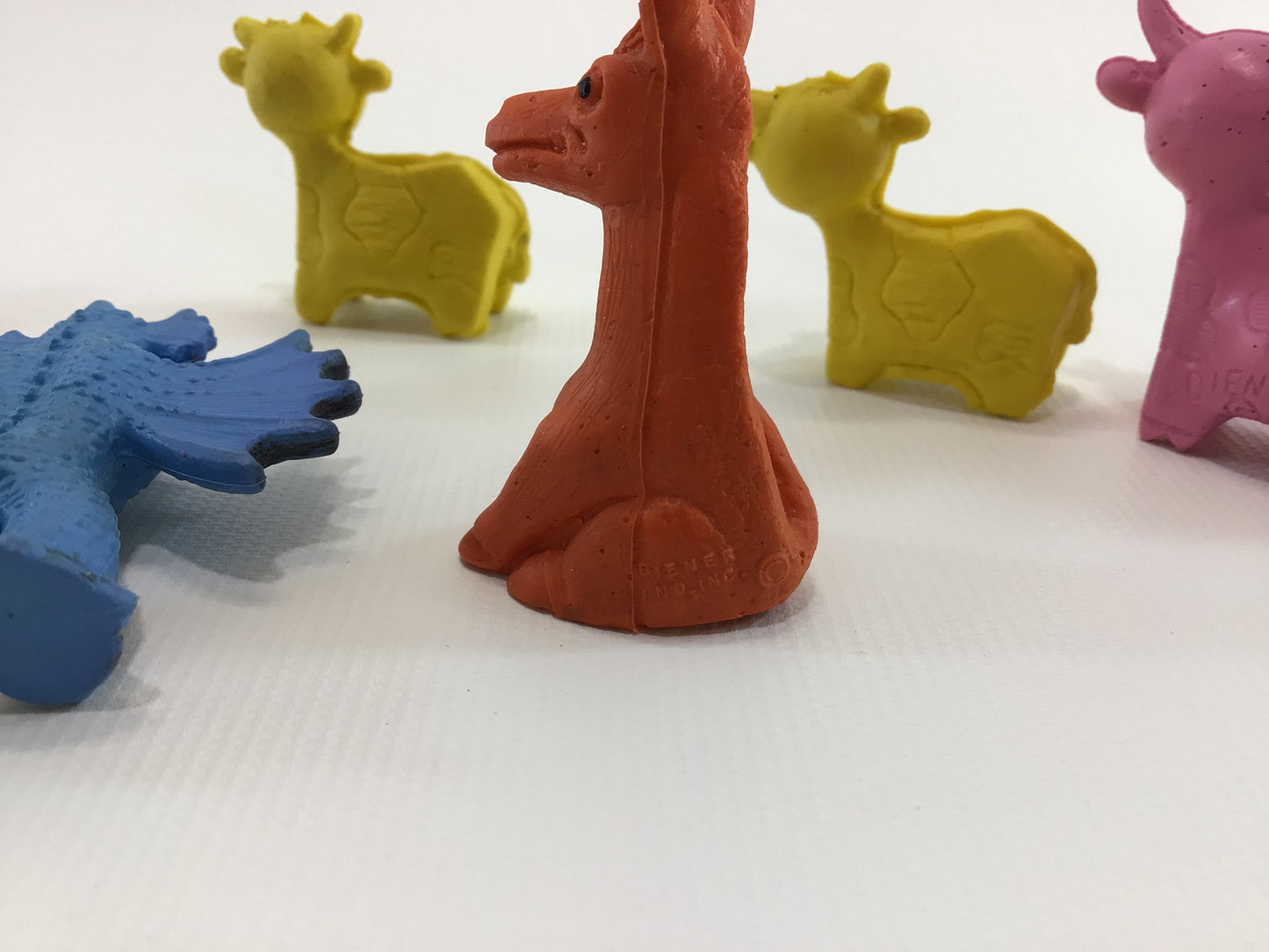 Diener Itty Bittys Soft Rubber Charm Eraser Lot of 6 Vintage Toy Figurines Cows Donkey Monster Tridactyl