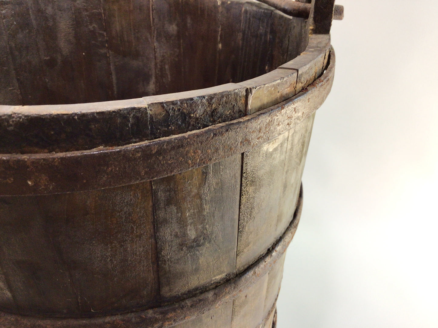 Antique Water Well Bucket with Bail Primitive Rustic Early American Handmade Wrought Iron and Hardwood Container