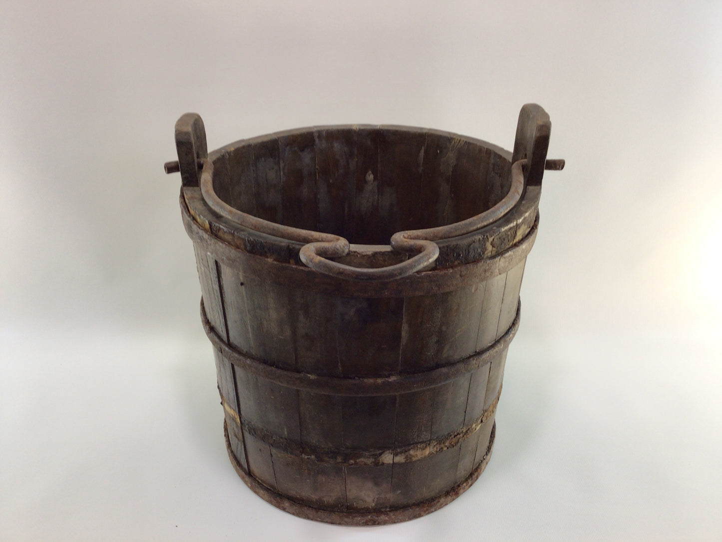 Antique Water Well Bucket with Bail Primitive Rustic Early American Handmade Wrought Iron and Hardwood Container