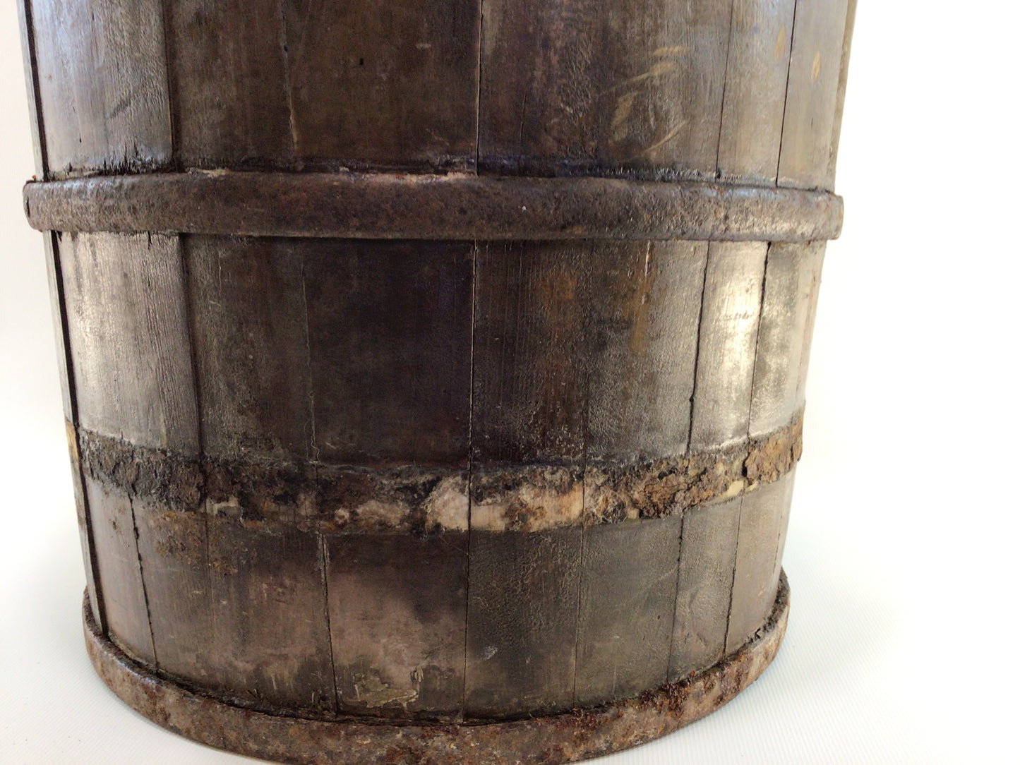 Antique Water Well Bucket with Bail Primitive Rustic Early American Handmade Wrought Iron and Hardwood Container