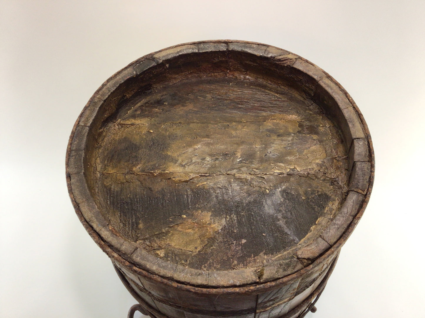 Antique Water Well Bucket with Bail Primitive Rustic Early American Handmade Wrought Iron and Hardwood Container