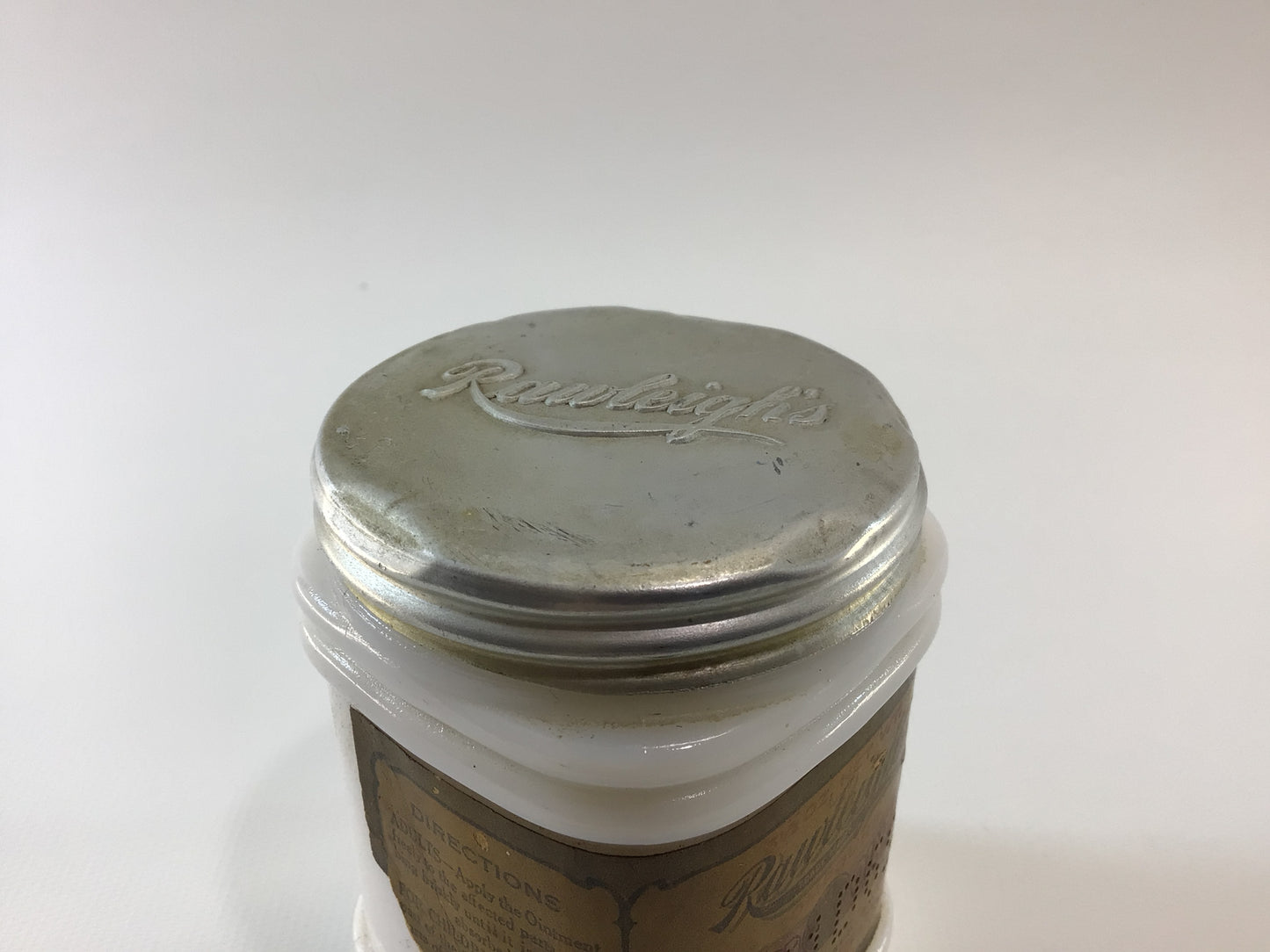 Antique Milk Glass Jar with Lid Rawleigh's Mustard Ointment Advertising Remedy Ephemera