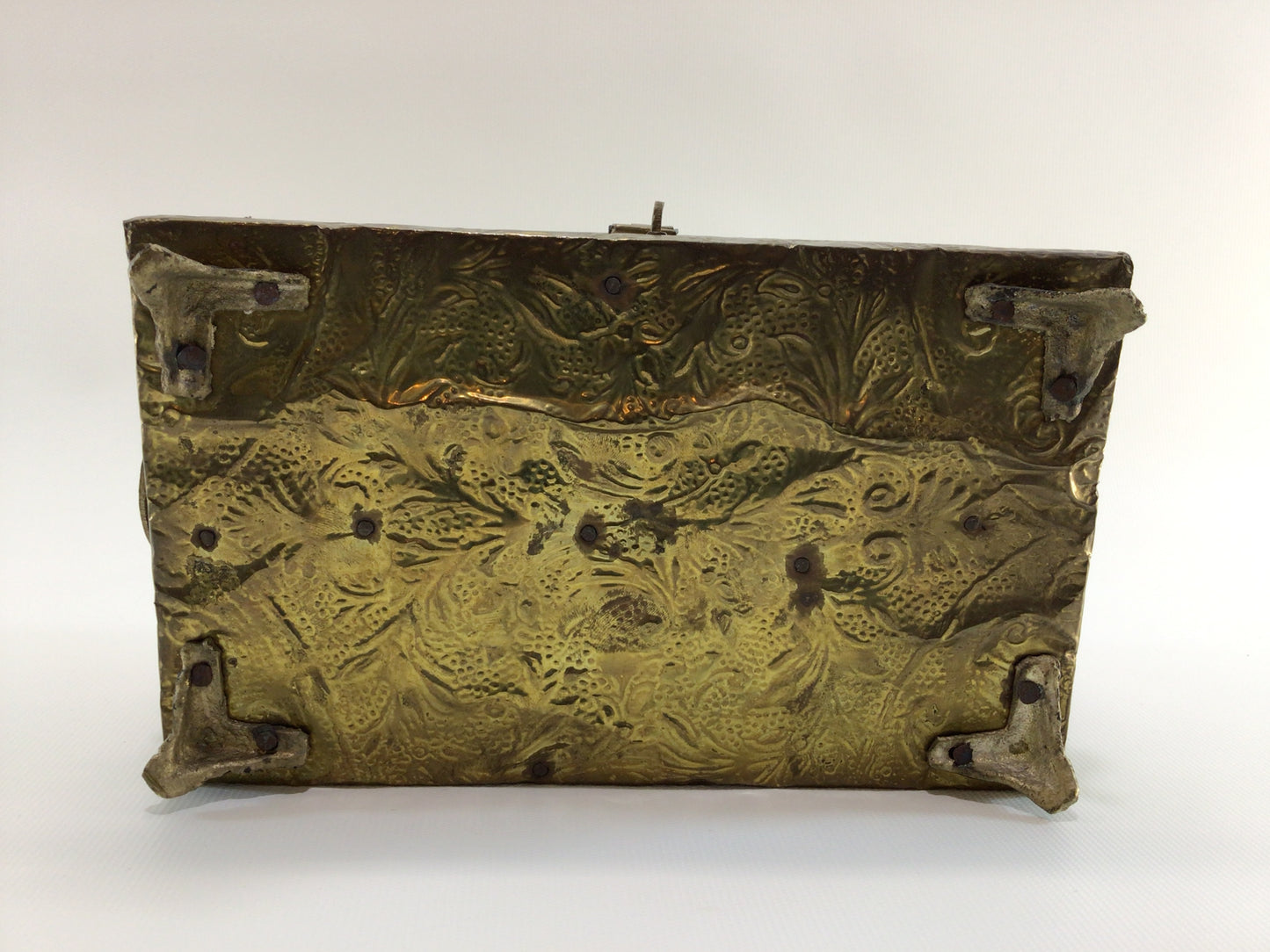 Brass Humpback Treasure Chest Jewelry Trinket Vintage Storage Container Black Felt Lined Interior Hammered Brass Foil Applied Wooden Box