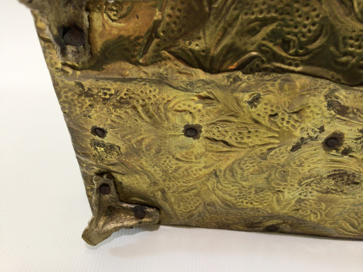 Brass Humpback Treasure Chest Jewelry Trinket Vintage Storage Container Black Felt Lined Interior Hammered Brass Foil Applied Wooden Box