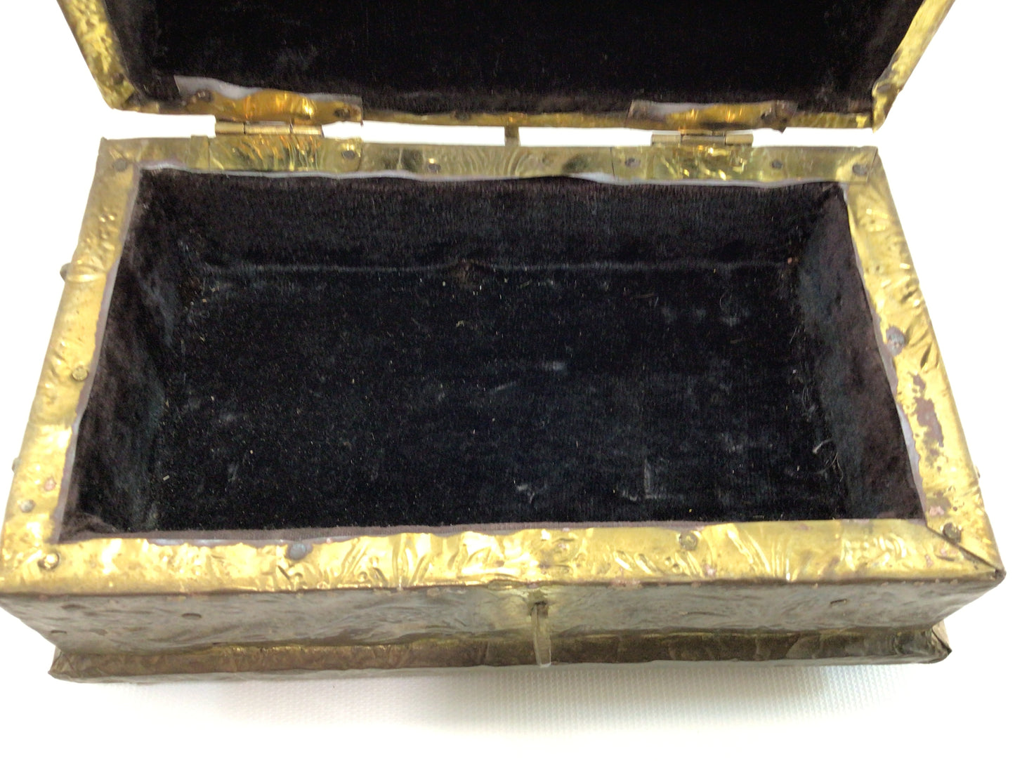 Brass Humpback Treasure Chest Jewelry Trinket Vintage Storage Container Black Felt Lined Interior Hammered Brass Foil Applied Wooden Box