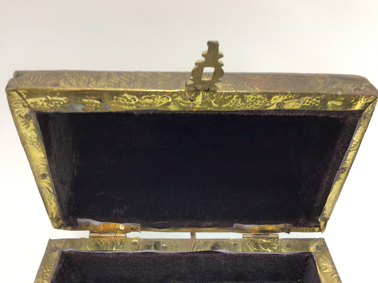 Brass Humpback Treasure Chest Jewelry Trinket Vintage Storage Container Black Felt Lined Interior Hammered Brass Foil Applied Wooden Box