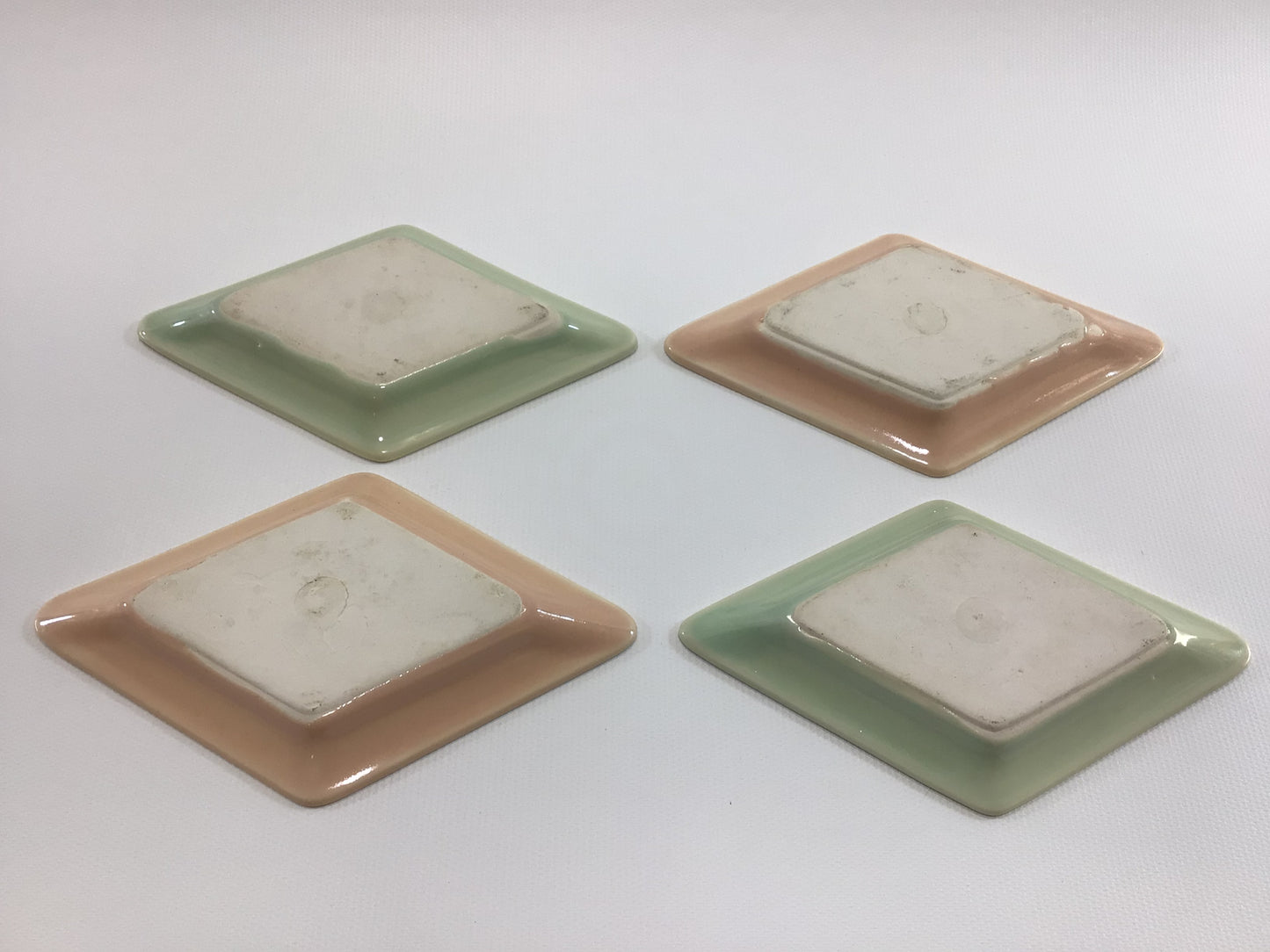 Vintage Trinket Dish Set Card Party Snack Trays Small Pink Peach and Green Vintage Ceramic Mid Century Decor Small Diamond Horse Head Design