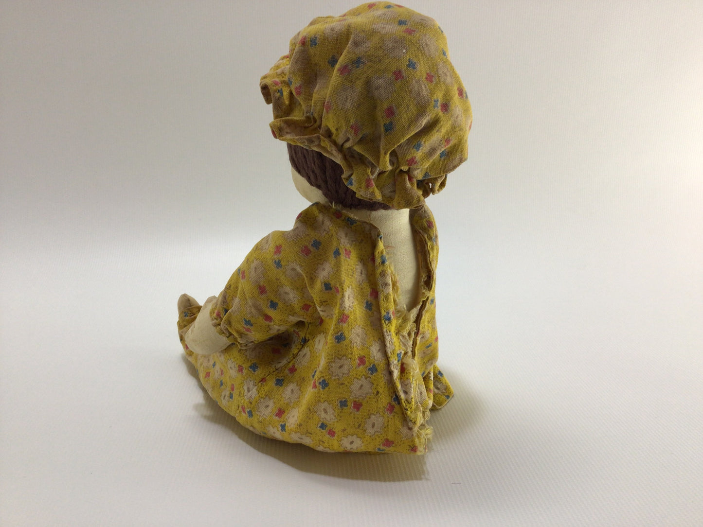 Vintage Rag Doll 9" Articulated Arms and Legs Embroidered Face in Yellow Floral Pajamas and Nightcap Primitive Rustic Folk Art Home Decor