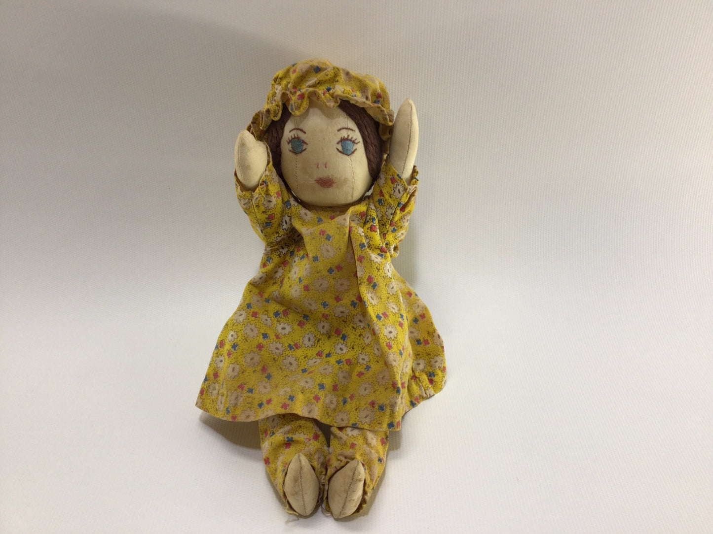 Vintage Rag Doll 9" Articulated Arms and Legs Embroidered Face in Yellow Floral Pajamas and Nightcap Primitive Rustic Folk Art Home Decor