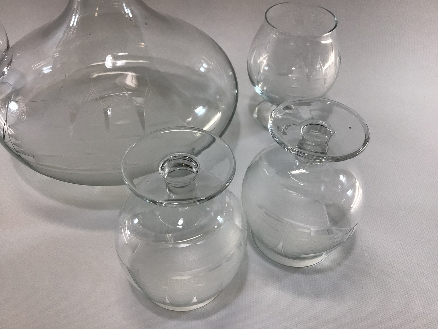 Brandy Decanter Set Clipper Ship Nautical Theme Vintage Etched Toscany 4 fl oz Snifters