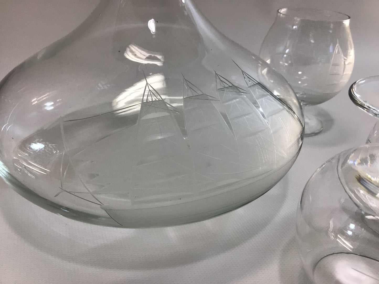 Brandy Decanter Set Clipper Ship Nautical Theme Vintage Etched Toscany 4 fl oz Snifters