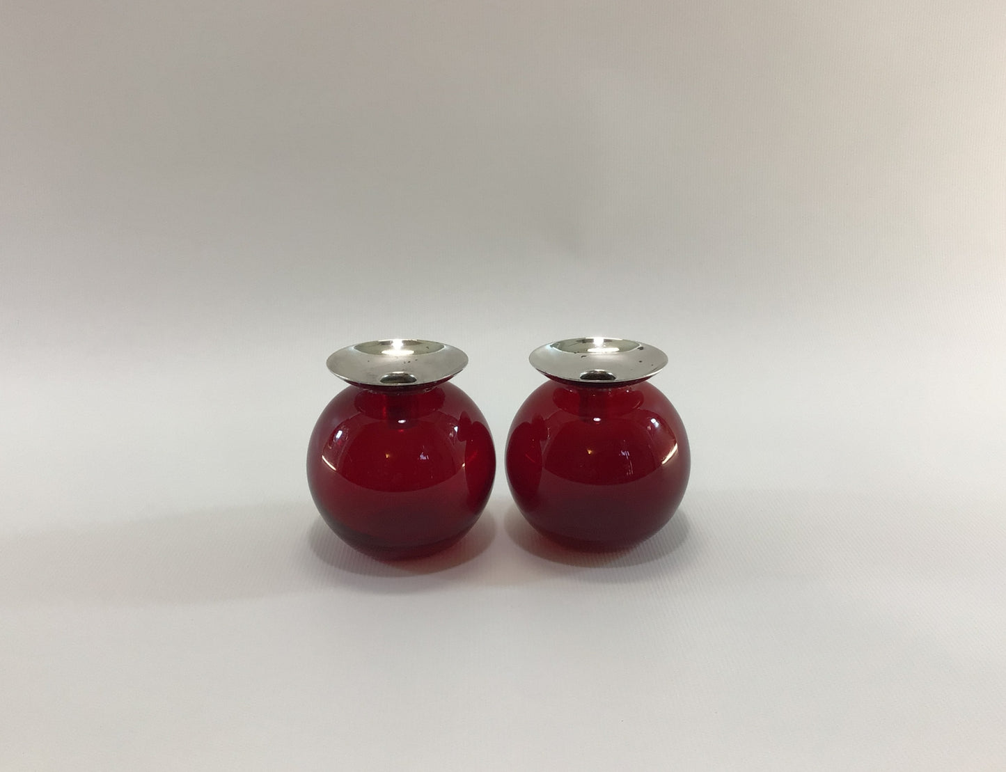 MCM Red Blown Glass and Silver Ball 7/16" Taper Candle Holder Set Mid Century Home Decor Accent Lighting