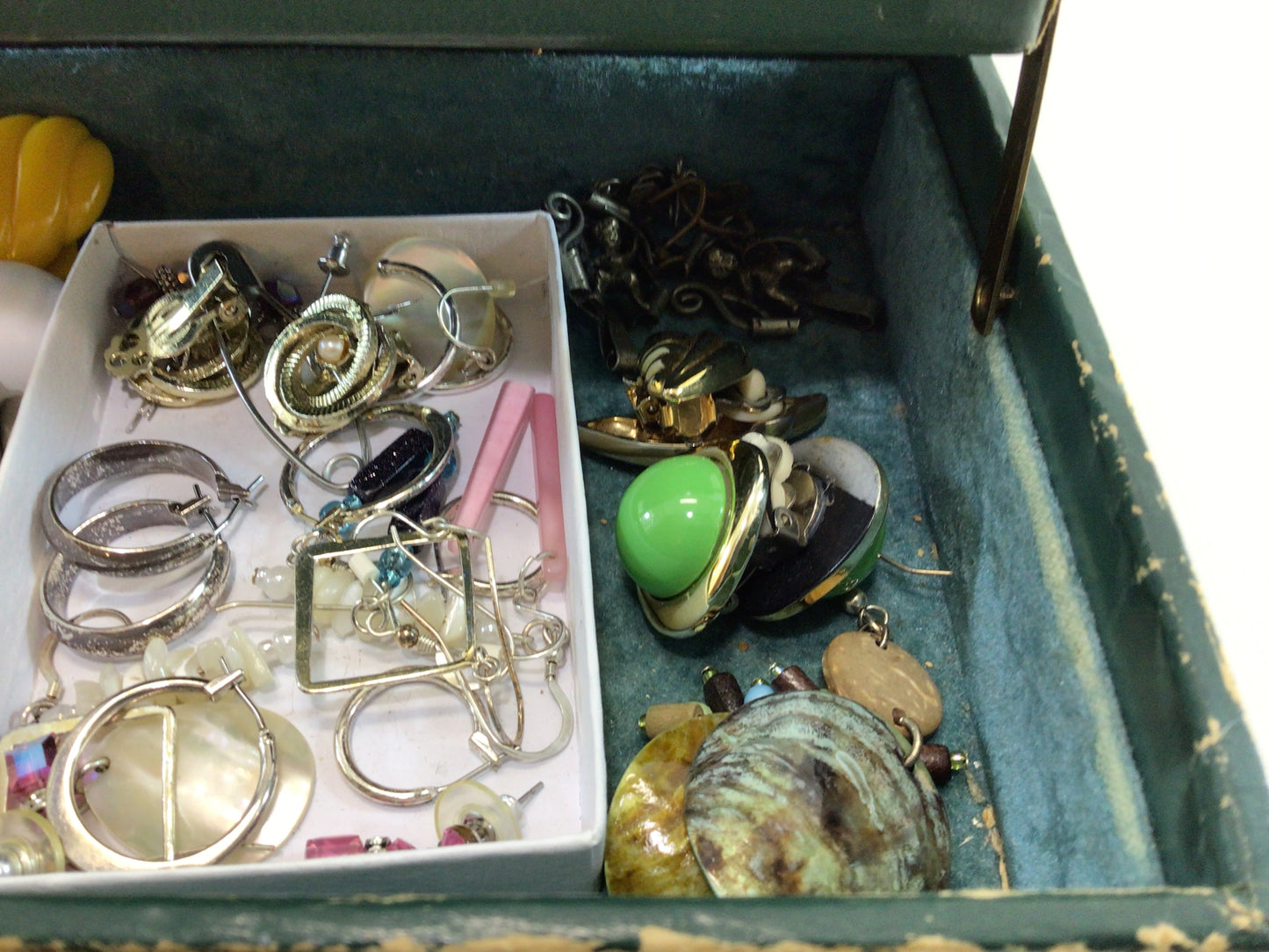 Jewelry Box Earrings Lot Rhinestones Enamel Gold and Silver Tone Wear Reuse Repurpose Altered Art or Mixed Media Assemblage New and Used