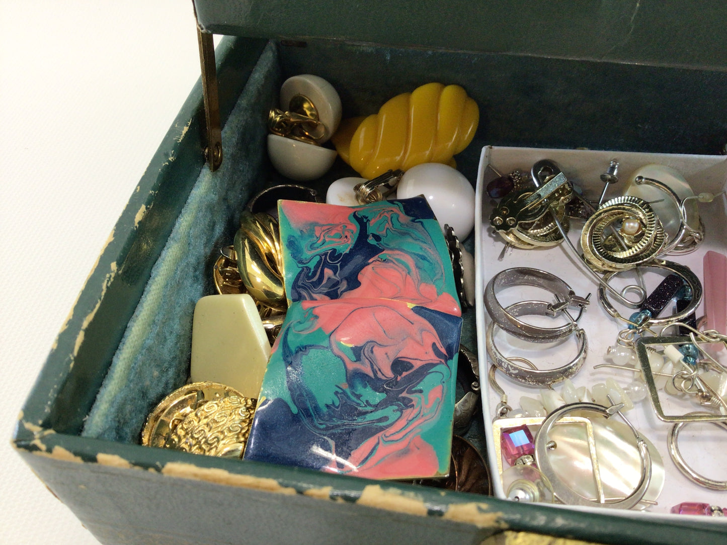 Jewelry Box Earrings Lot Rhinestones Enamel Gold and Silver Tone Wear Reuse Repurpose Altered Art or Mixed Media Assemblage New and Used