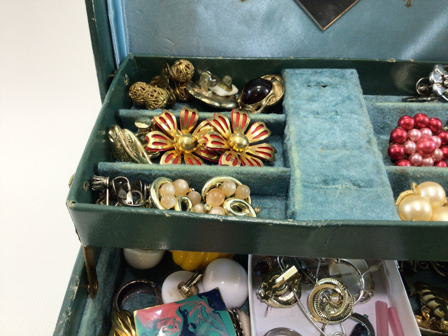 Jewelry Box Earrings Lot Rhinestones Enamel Gold and Silver Tone Wear Reuse Repurpose Altered Art or Mixed Media Assemblage New and Used