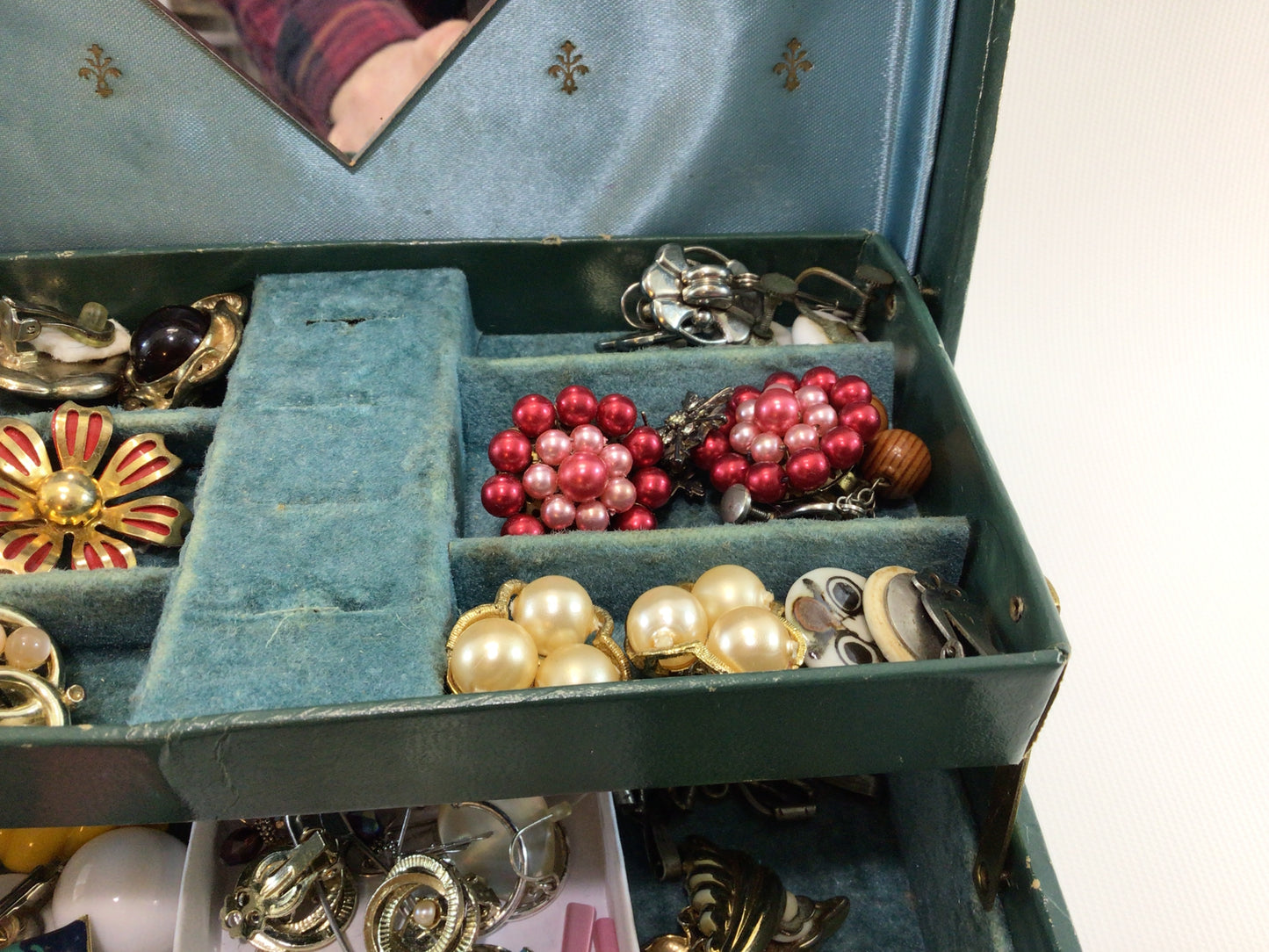 Jewelry Box Earrings Lot Rhinestones Enamel Gold and Silver Tone Wear Reuse Repurpose Altered Art or Mixed Media Assemblage New and Used